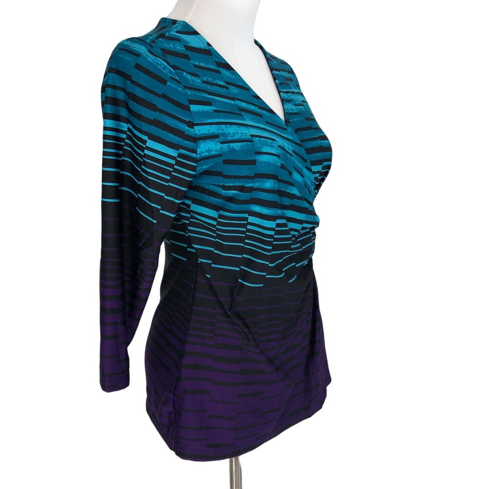 New Directions Slicky Blouse V Neck Ruched Half Wrap Size Petite Small - Picture 8 of 9